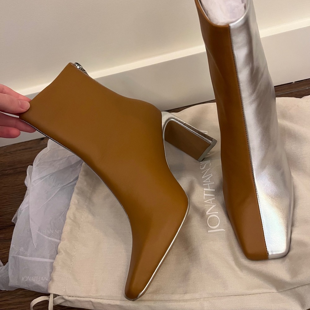 Jonathan Simkhai Silver Tan‎ Two Tone Leather Square Toe Block Heel Boots 36 - Picture 5 of 5